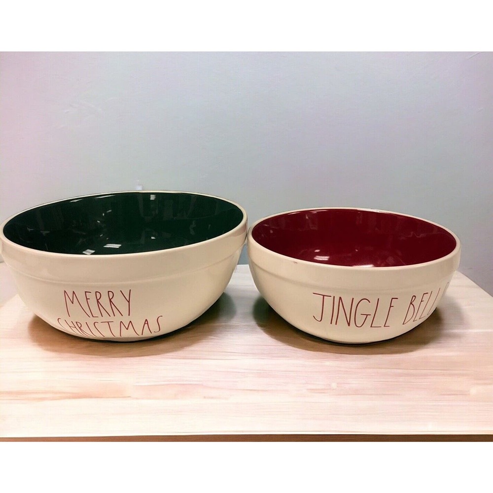 HTF Rae Dunn Merry Christmas + Jingle Bells Mixing Serving Bowl Green/Red White
